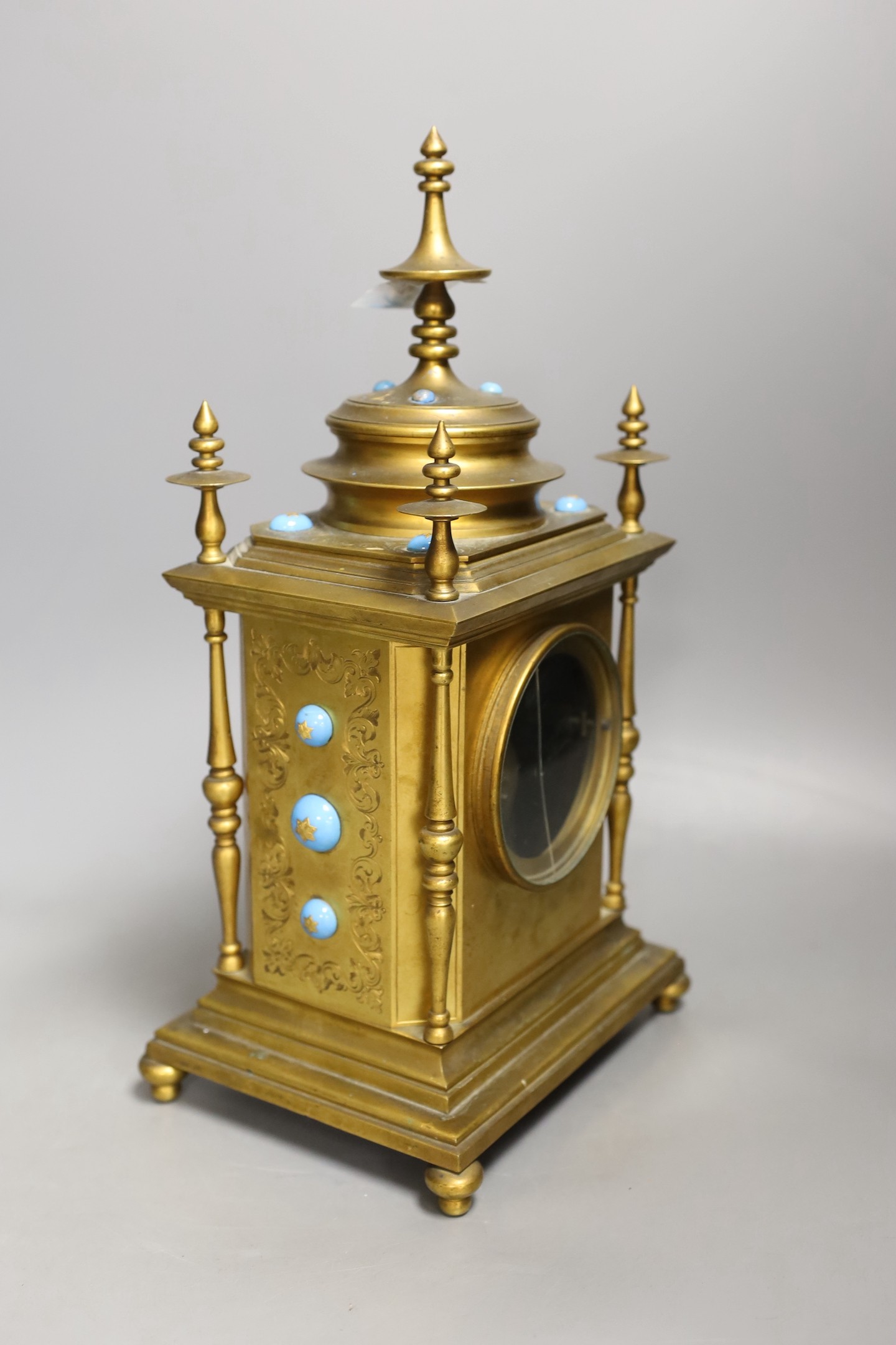 A late 19th century Japy Freres ormolu and turquoise enamel mounted mantel clock-35 cms high.